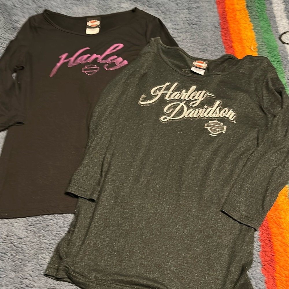 2 Harley Davidson small l/s and 3/4 sleeve tops. Gray black soft comfy fabric
